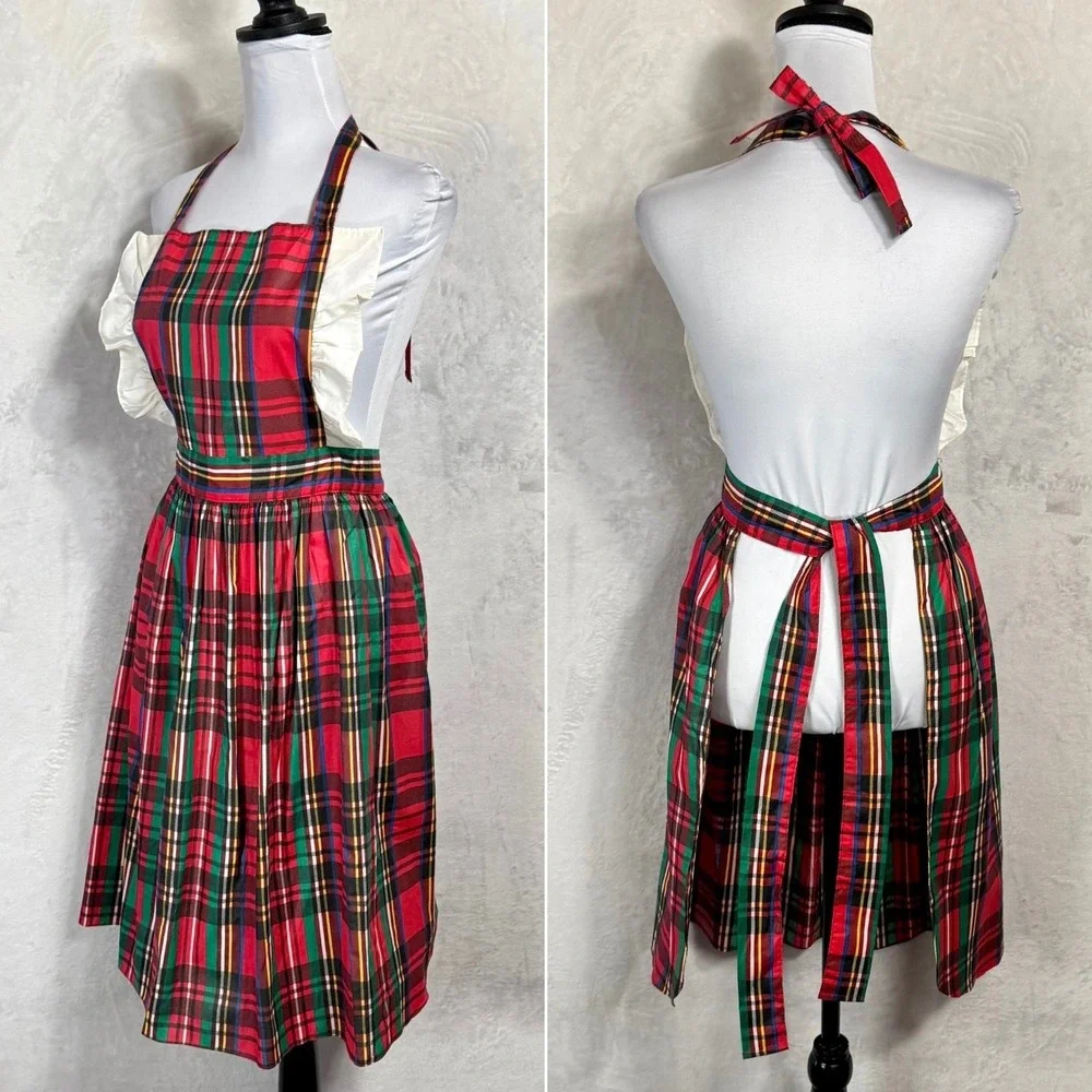Vintage 70s Plaid Pinafore Apron Dress Ruffle Bib‎ Tie Back Lady One Size USA